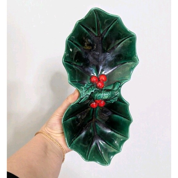 Vintage Lefton Green Holly Berry 2 Section Compote Condiment Dish Christmas - Picture 4 of 9